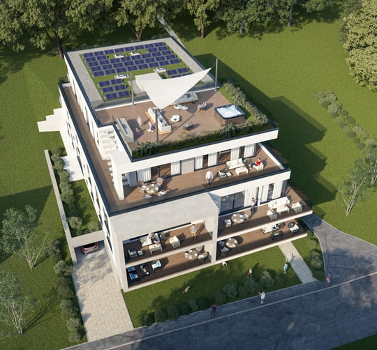 Perspektive von oben auf Rooftop und PV-Anlage